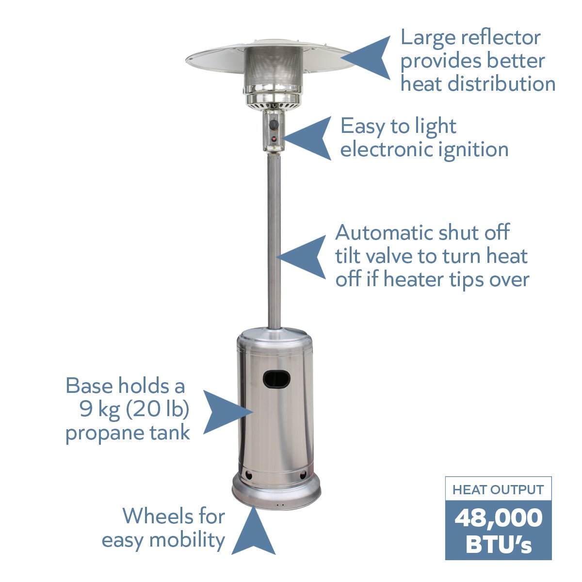 Stainless Steel Gas Patio Heater – 48,000 BTU – Blue Sky Outdoor Living