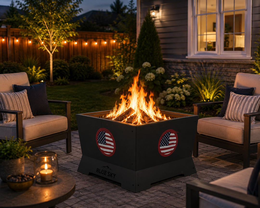 Flag Medallion Square Patio Smokeless Fire Pit – Blue Sky Outdoor
